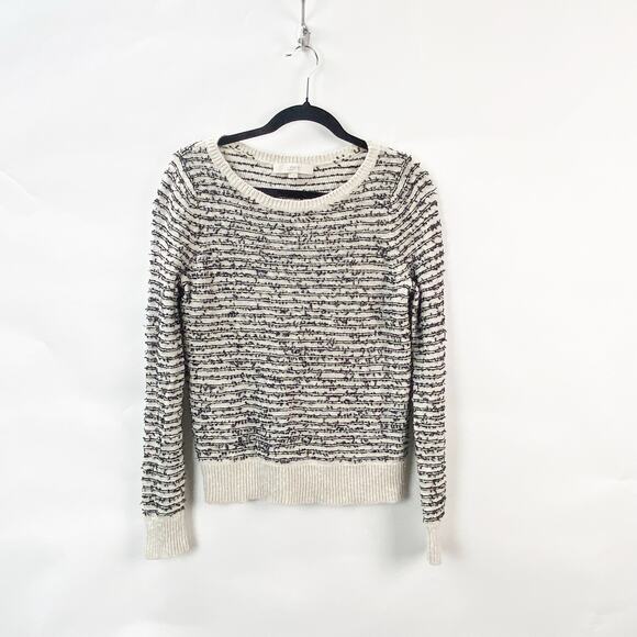 LOFT Tops - LOFT Medium Womens Black Ivory Cream Striped Speckle Fringe Pullover Knit Top